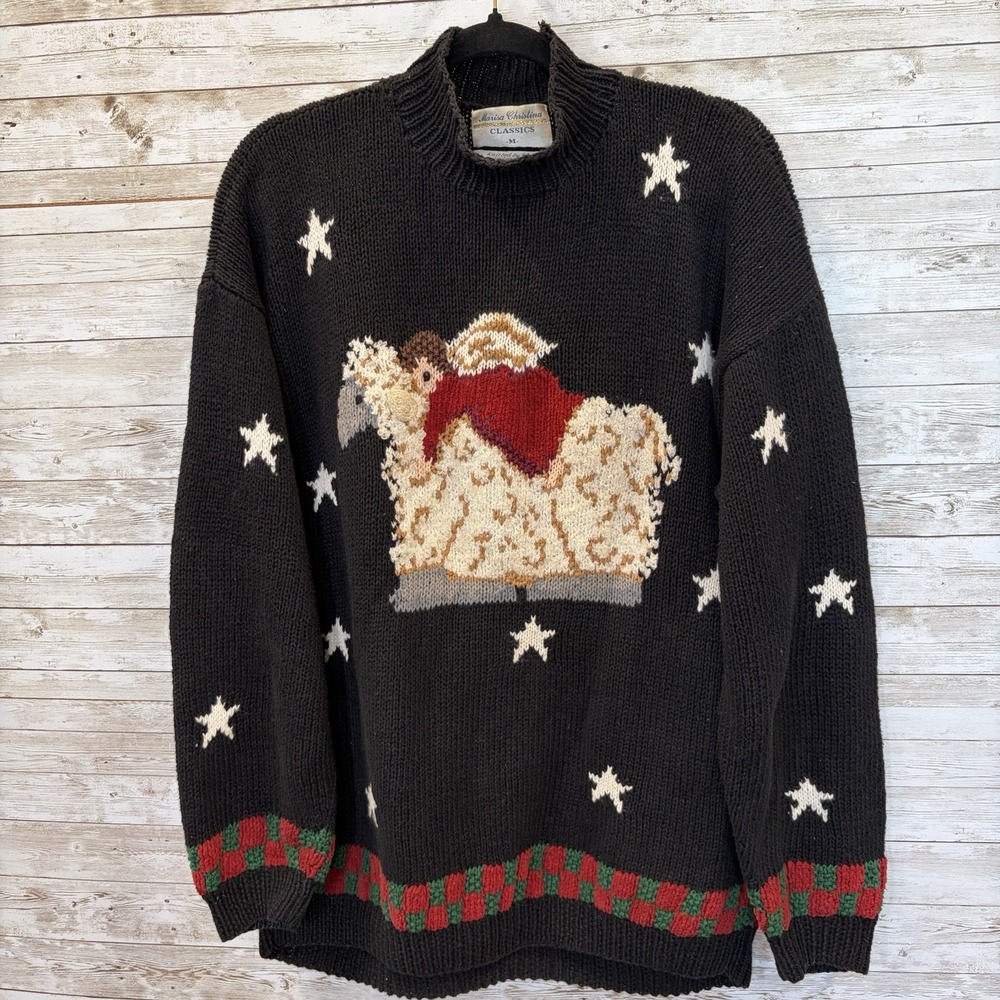Vtg Marisa Christina Womens M Christmas Sweater Black Angel on Lamb Nancy Thomas